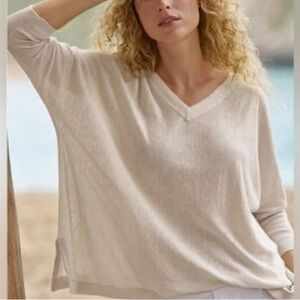 Garnet Hill Linen Knit Oversized Blush Pink Cream V-Neck Sweater S